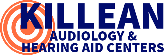 Logo for Killean Audiology & Hearing Aid Centers with bold navy text beside an orange and white target design on a light background.